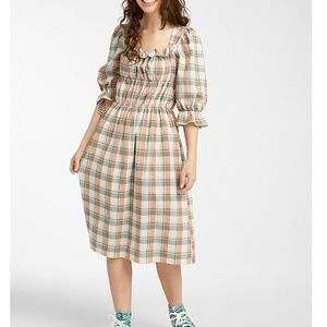 And April brown, cream and green check peasant midi dress made in Korea NWT